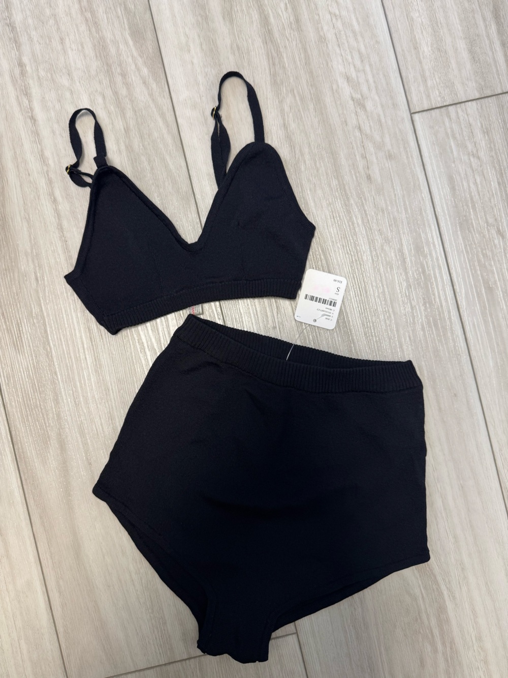 Free People Black Ribbed Bralette & High-Waist Shorts Set